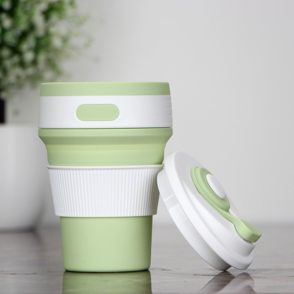 CLTEIN 12Oz Collapsible Cups for Coffee,Pocket Size and Reuseable Travel Mug with Lid,Food-Grade and BPA Free for Kids and Adults (Green)