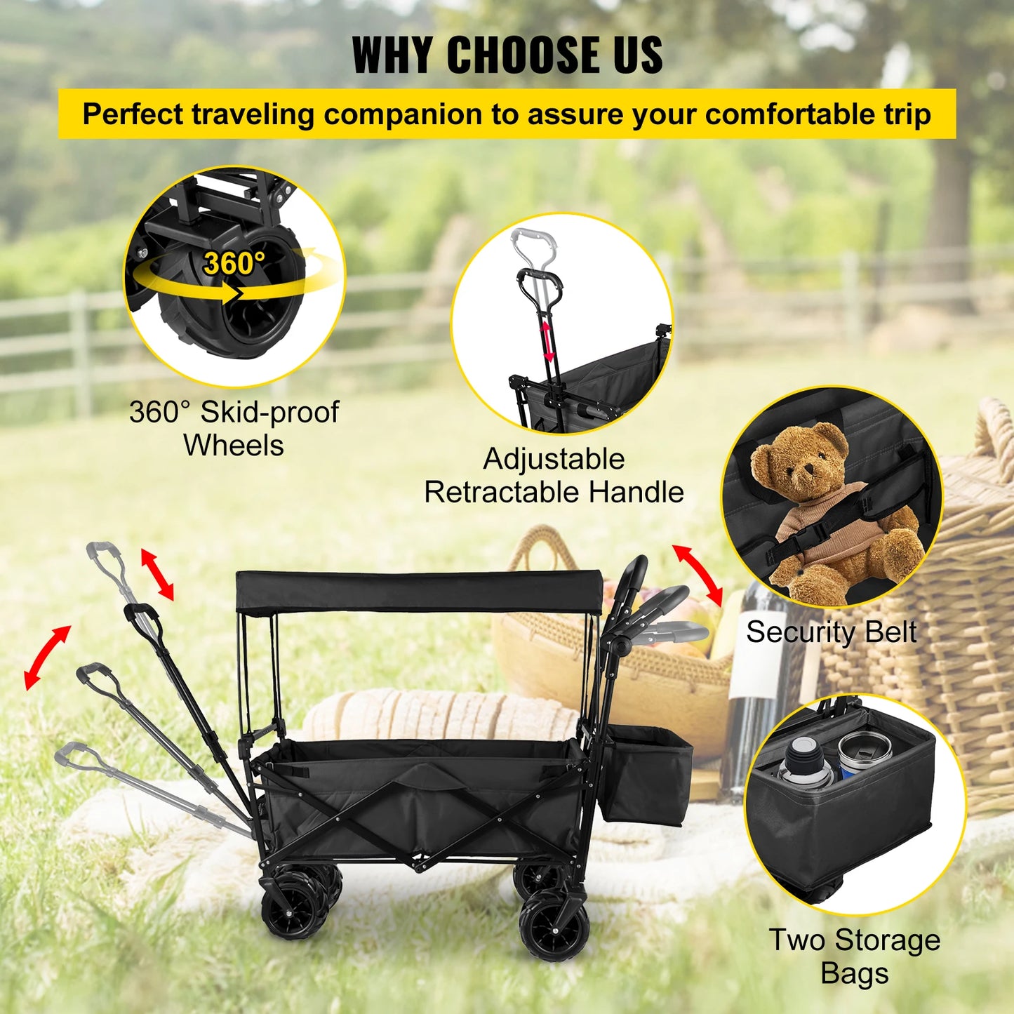 Succebuy Folding Wagon Cart Adjustable Handle Bar Removable Canopy Oxford Cloth Collapsible Shopping Outdoor Camping Beach Cart