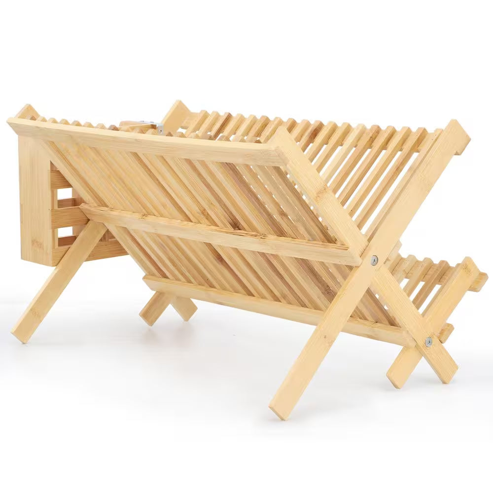 2-Tier Collapsible Kitchen Bamboo Drying Dish Rack with Utensil Holder