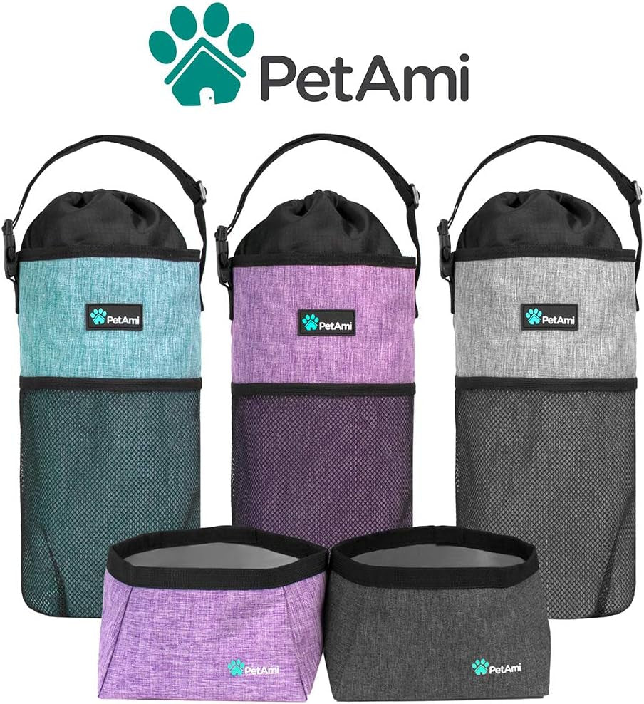 Travel Dog Food Bag & Bowls Set, Collapsible Foldable Waterproof Dog Camping Bowls Cup Dish Accessories for Hiking, Sea Blue & Gray