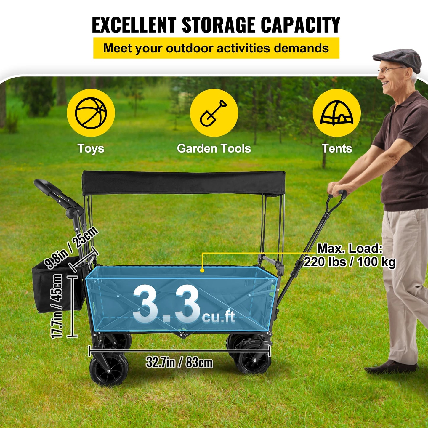 Succebuy Folding Wagon Cart Adjustable Handle Bar Removable Canopy Oxford Cloth Collapsible Shopping Outdoor Camping Beach Cart