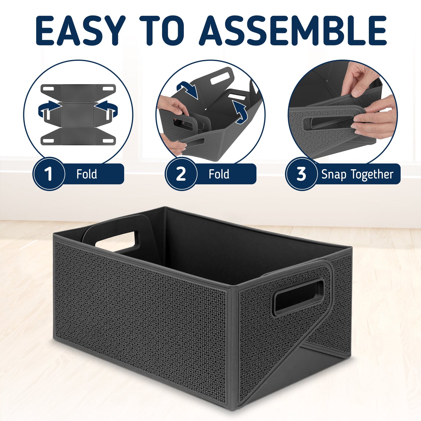 Collapsible Decorative Plastic Storage Bins, Set of 3, Grey