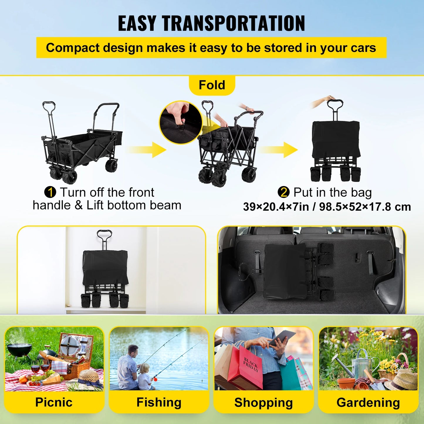 Succebuy Folding Wagon Cart Adjustable Handle Bar Removable Canopy Oxford Cloth Collapsible Shopping Outdoor Camping Beach Cart