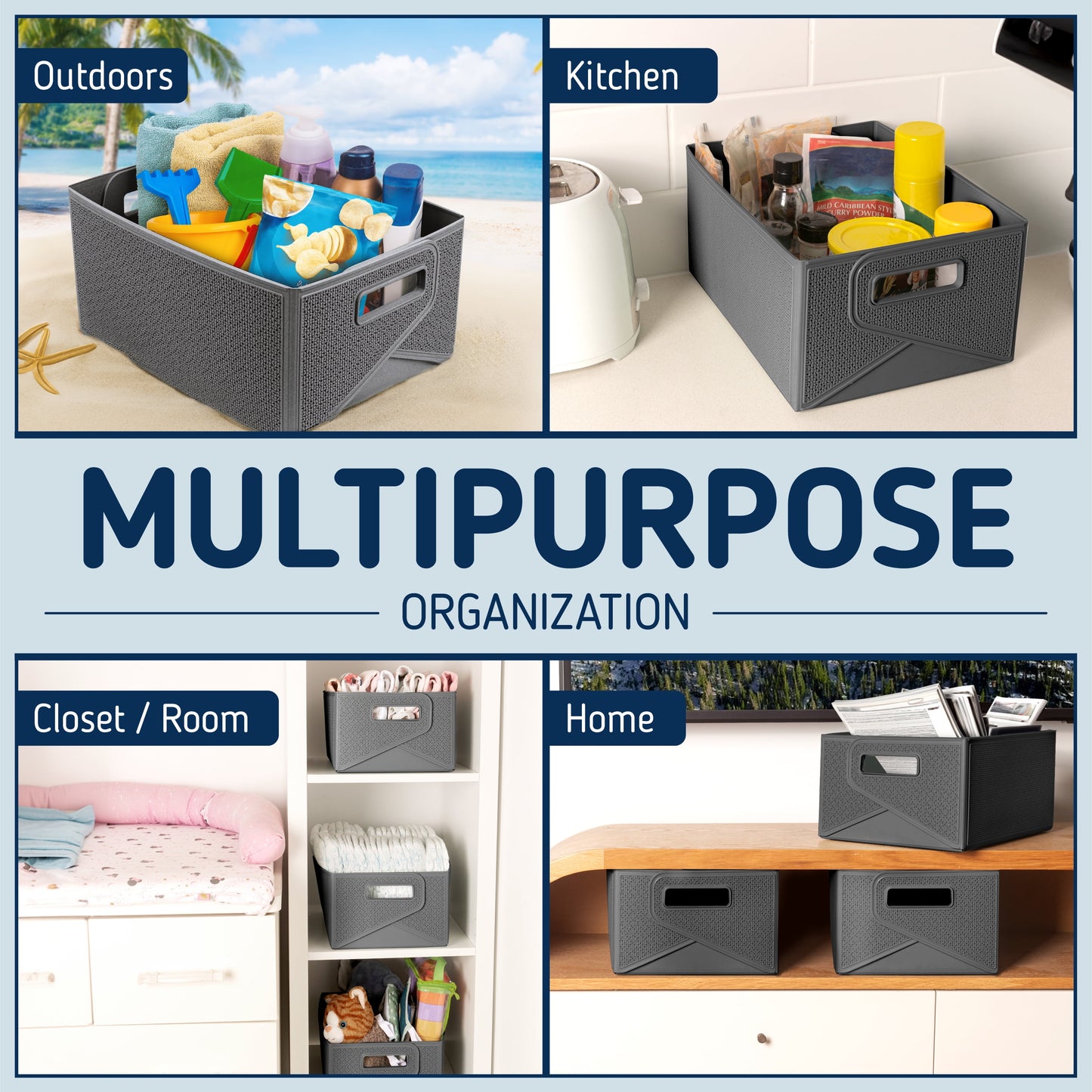 Collapsible Decorative Plastic Storage Bins, Set of 3, Grey