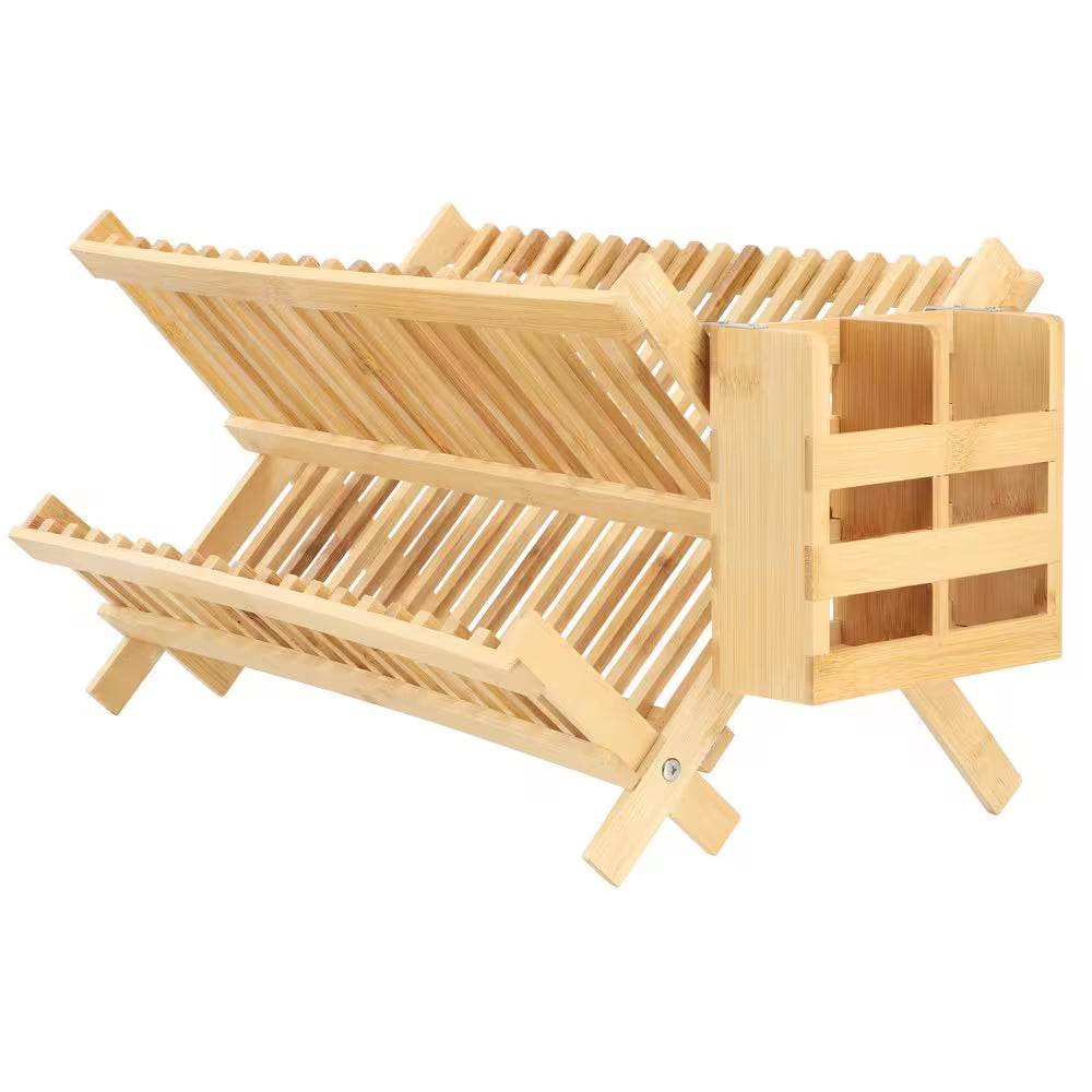 2-Tier Collapsible Kitchen Bamboo Drying Dish Rack with Utensil Holder