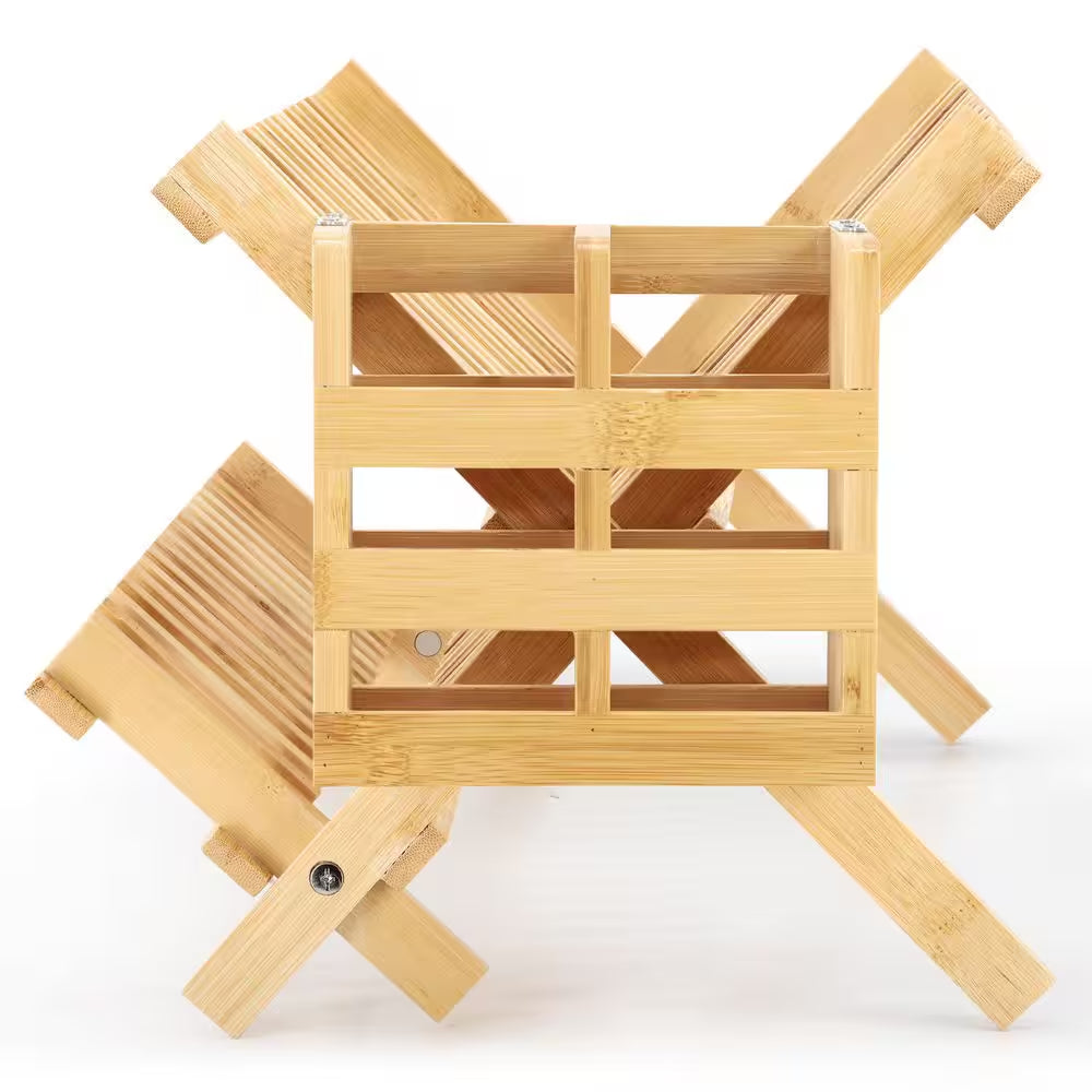 2-Tier Collapsible Kitchen Bamboo Drying Dish Rack with Utensil Holder