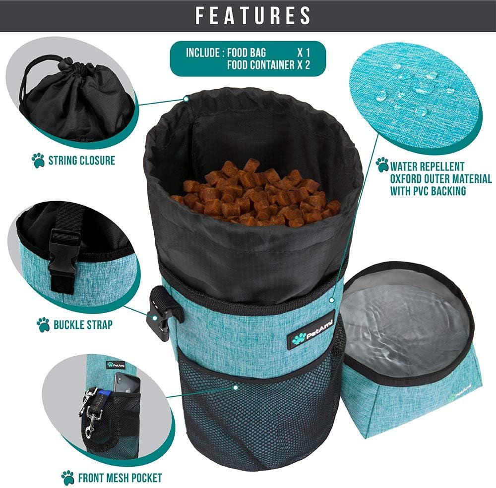 Travel Dog Food Bag & Bowls Set, Collapsible Foldable Waterproof Dog Camping Bowls Cup Dish Accessories for Hiking, Sea Blue & Gray