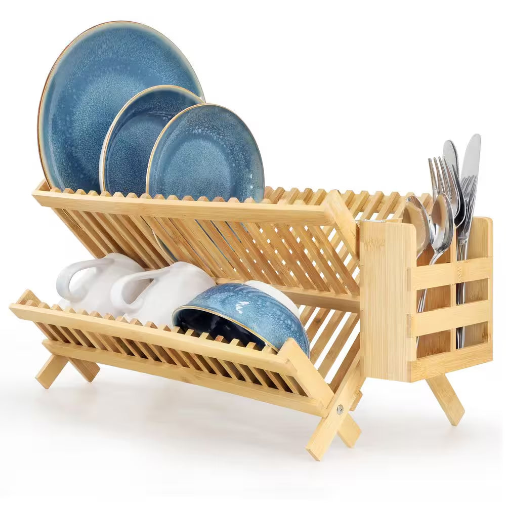 2-Tier Collapsible Kitchen Bamboo Drying Dish Rack with Utensil Holder