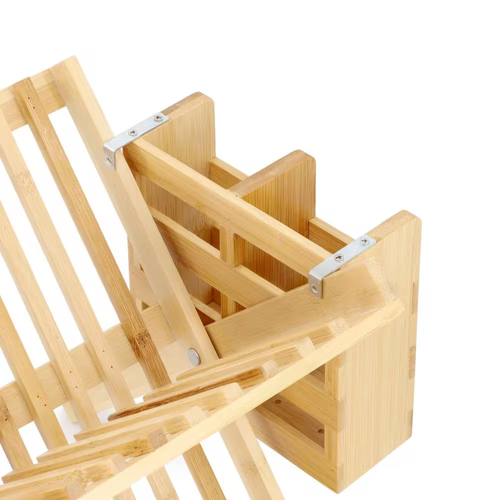 2-Tier Collapsible Kitchen Bamboo Drying Dish Rack with Utensil Holder