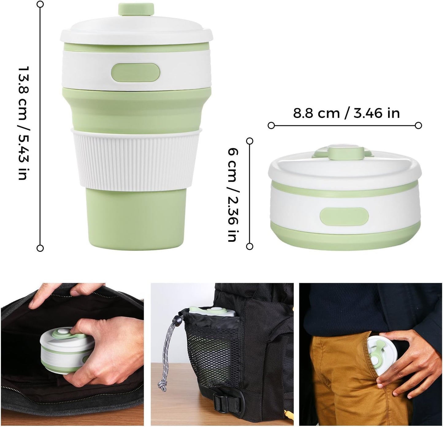 CLTEIN 12Oz Collapsible Cups for Coffee,Pocket Size and Reuseable Travel Mug with Lid,Food-Grade and BPA Free for Kids and Adults (Green)