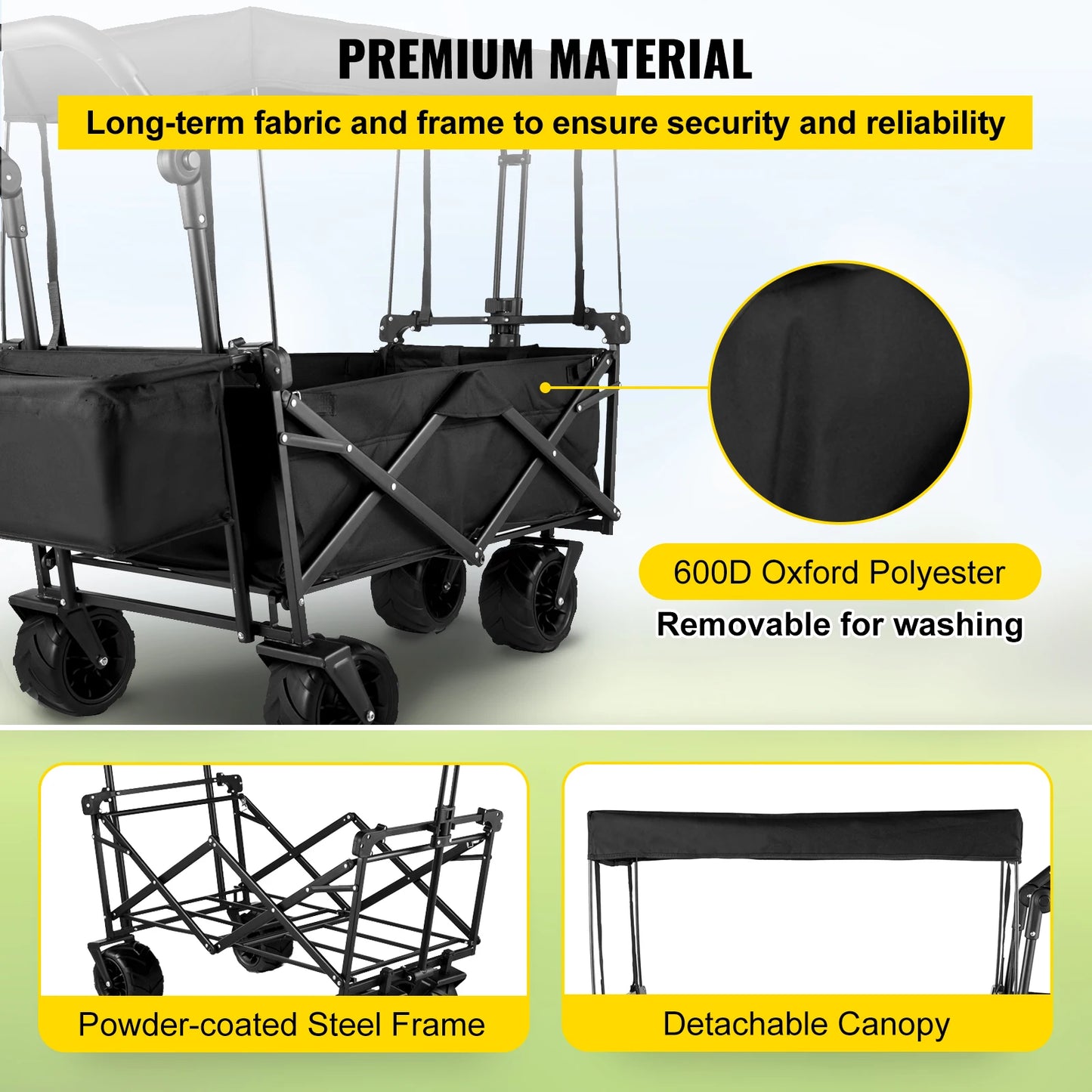 Succebuy Folding Wagon Cart Adjustable Handle Bar Removable Canopy Oxford Cloth Collapsible Shopping Outdoor Camping Beach Cart