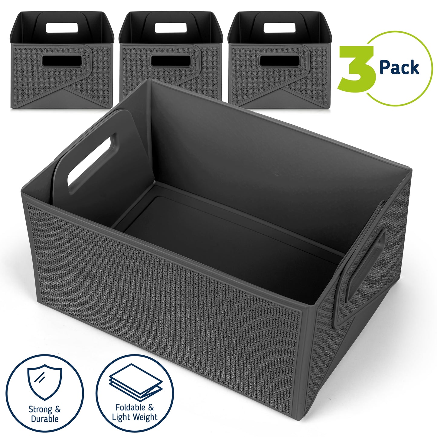 Collapsible Decorative Plastic Storage Bins, Set of 3, Grey