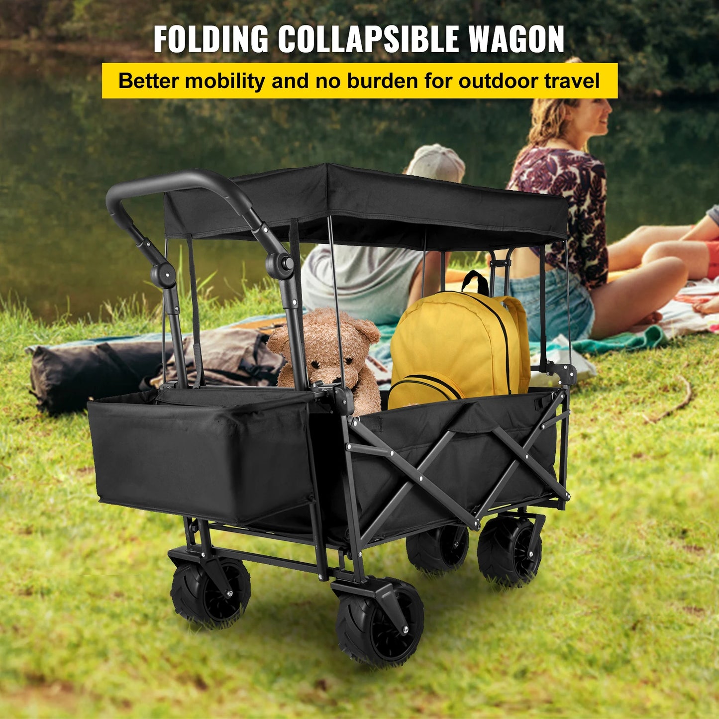 Succebuy Folding Wagon Cart Adjustable Handle Bar Removable Canopy Oxford Cloth Collapsible Shopping Outdoor Camping Beach Cart