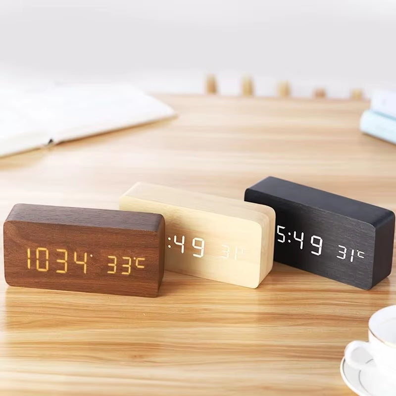 Wooden Digital Alarm Clock, LED Alarm Clock with Temperature