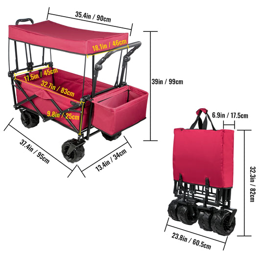 Succebuy Folding Wagon Cart Adjustable Handle Bar Removable Canopy Oxford Cloth Collapsible Shopping Outdoor Camping Beach Cart