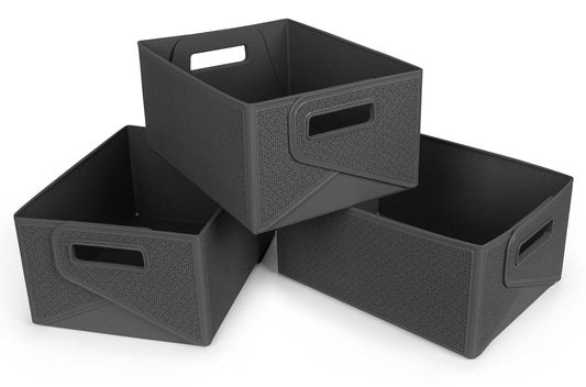 Collapsible Decorative Plastic Storage Bins, Set of 3, Grey