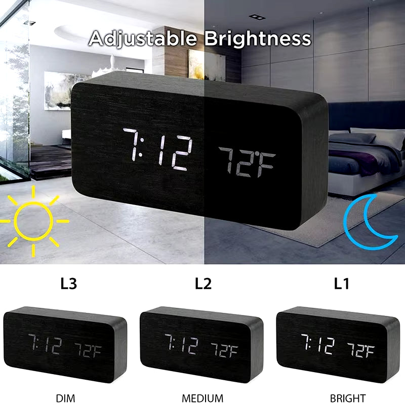 Wooden Digital Alarm Clock, LED Alarm Clock with Temperature