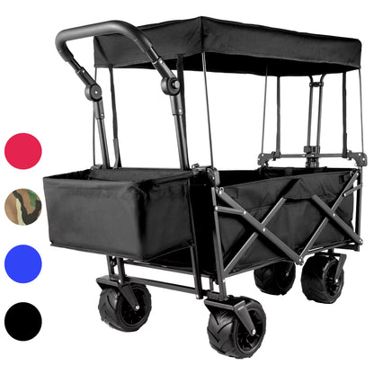 Succebuy Folding Wagon Cart Adjustable Handle Bar Removable Canopy Oxford Cloth Collapsible Shopping Outdoor Camping Beach Cart