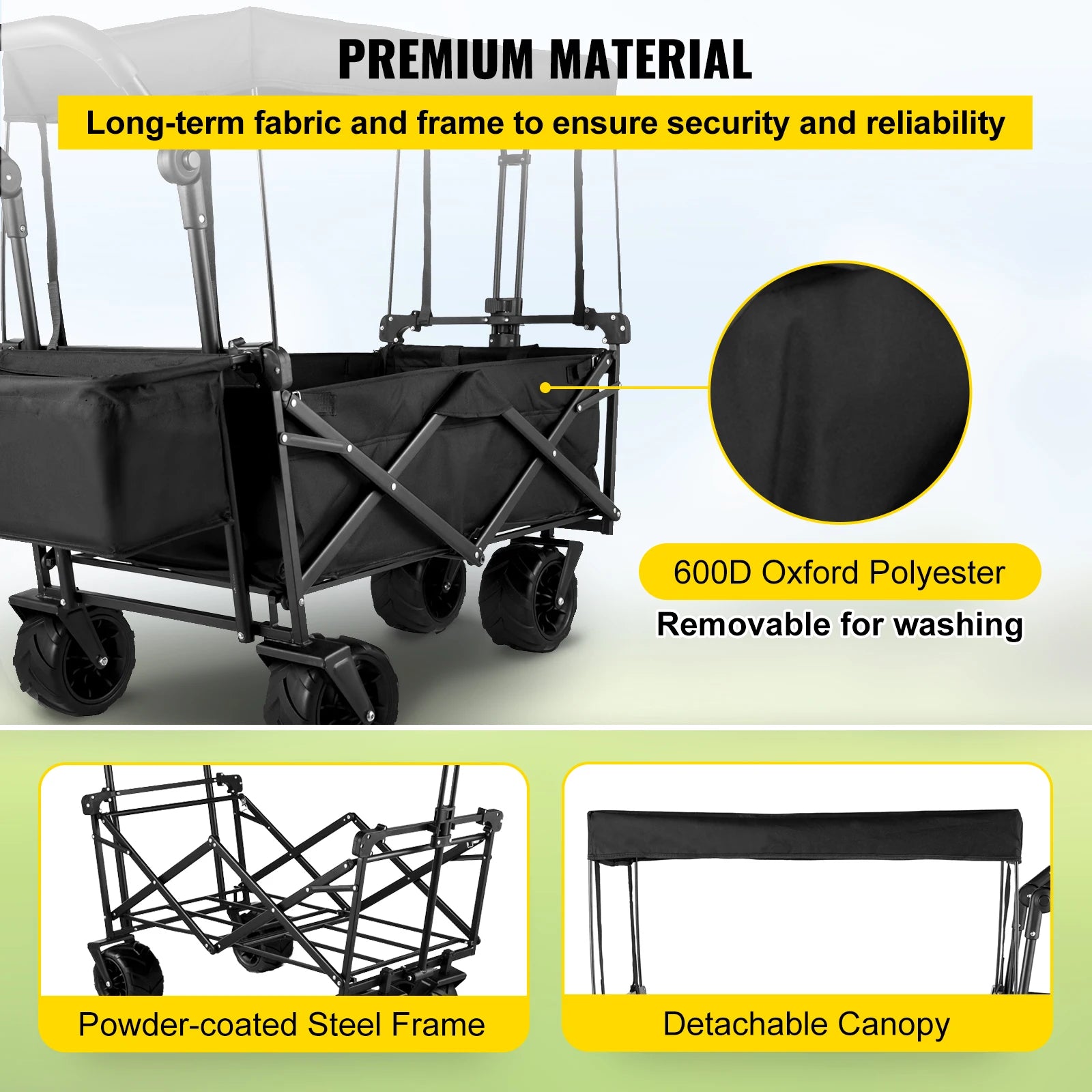 Succebuy Folding Wagon Cart Adjustable Handle Bar Removable Canopy Oxford Cloth Collapsible Shopping Outdoor Camping Beach Cart