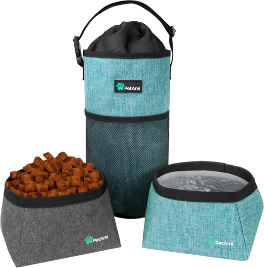 Travel Dog Food Bag & Bowls Set, Collapsible Foldable Waterproof Dog Camping Bowls Cup Dish Accessories for Hiking, Sea Blue & Gray
