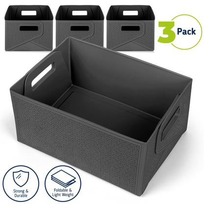 Collapsible Decorative Plastic Storage Bins, Set of 3, Grey
